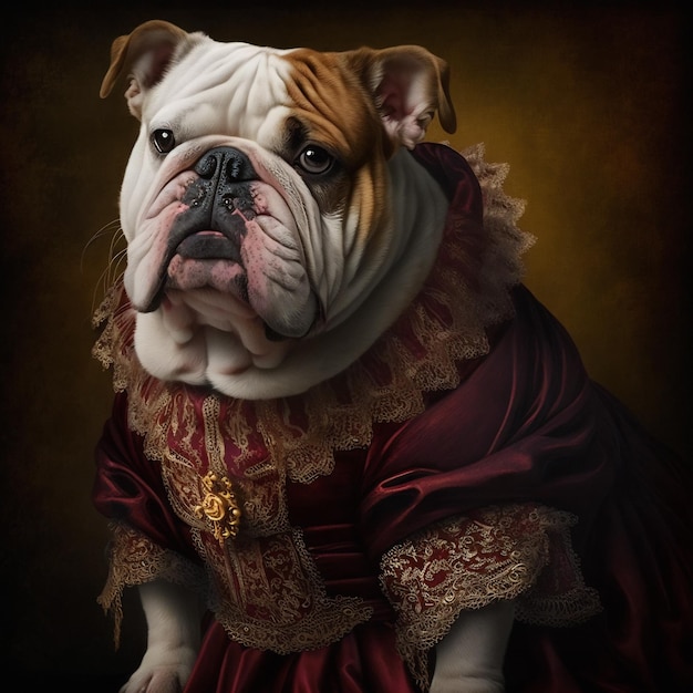 Foto un lindo cachorro de perro con un vestido real. retrato de bulldog en ropa