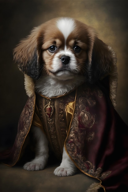 Un lindo cachorro de perro con un vestido real. Retrato de mascotas en ropa