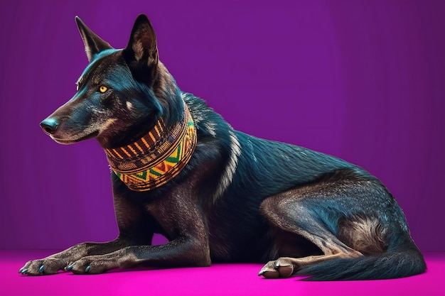 Lindo cachorro preto com cocar indiano sentado no fundo roxo