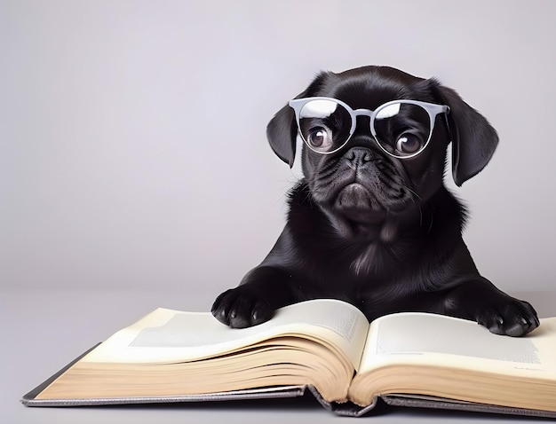 Lindo cachorro PUG negro con libro sobre cuentos para dormir