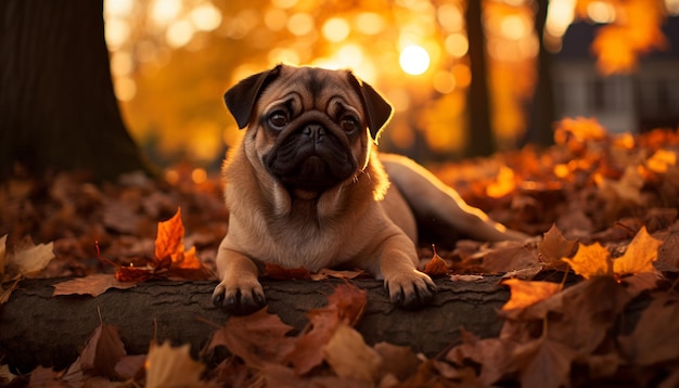 Lindo cachorro de pug sentado en el bosque de otoño juguetón y adorable generado por inteligencia artificial