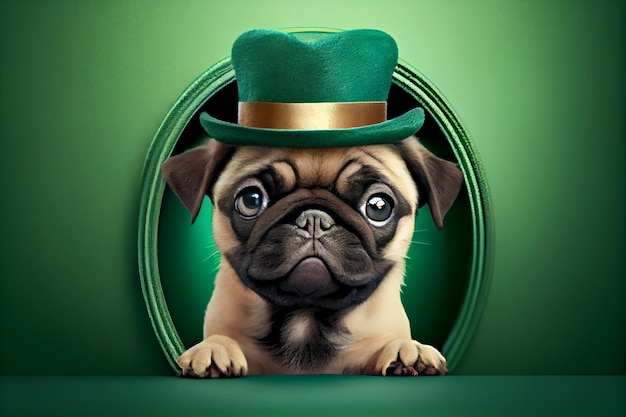 Lindo cachorro de pug con un sombrero de duende Concepto del tema del Día de San Patricio