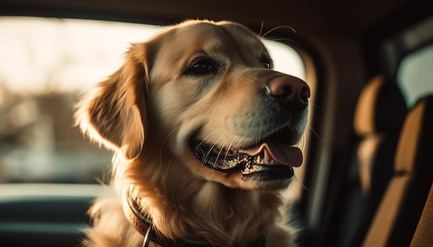 Lindo cachorro de pura raza sentado en un auto al aire libre generado por IA