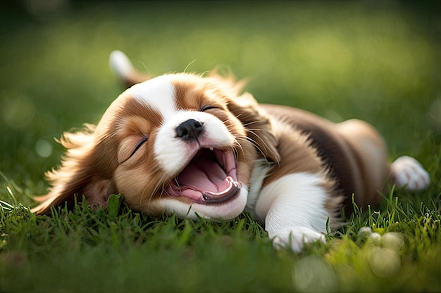 Lindo cachorro rodando en la hierba con la lengua colgando