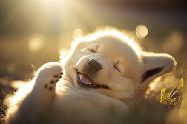 Foto lindo cachorro rodando y jugando al sol