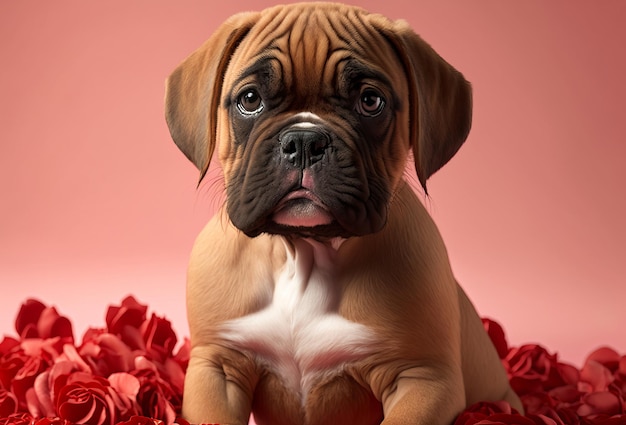 Lindo cachorro con rosas rojas Celebración de San Valentín Generativo ai