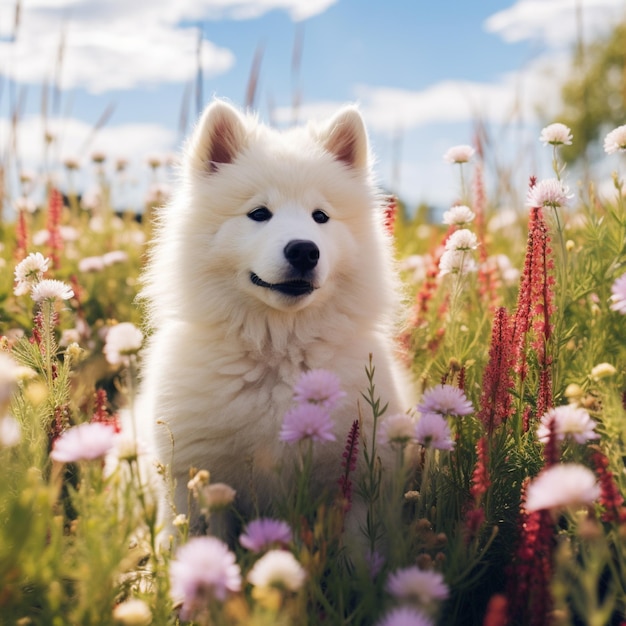 Un lindo cachorro de Samoyed en el prado de flores Animales de compañía