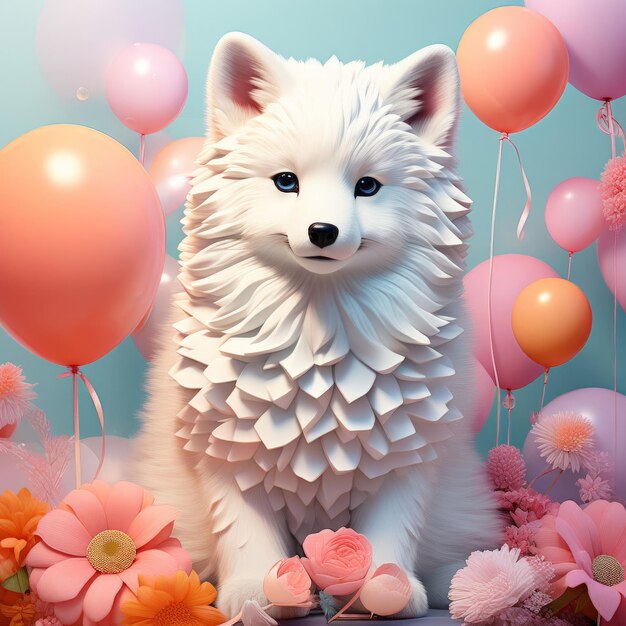 lindo cachorro samoyed en un sombrero blanco festivo con un lazo rosa en una fiesta de cumpleaños de fondo azul