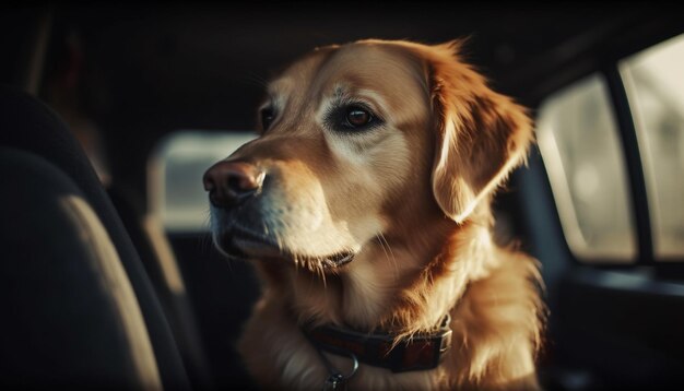 Lindo cachorro sentado en un auto mirando al aire libre generado por IA