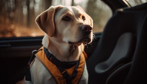 Lindo cachorro sentado en un auto mirando al aire libre generado por IA