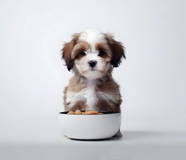 Lindo cachorro sentado cerca del plato de comida para perros IA generativa