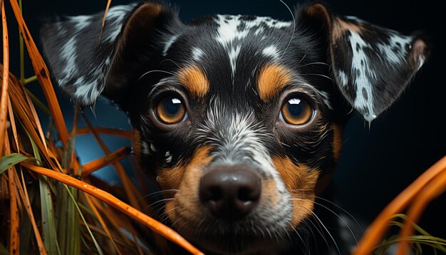 Foto lindo cachorro sentado en el césped mirando a la cámara con ojos juguetones generados por inteligencia artificial