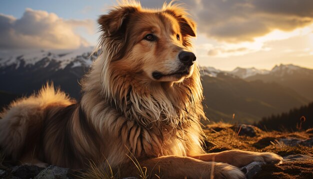 Lindo cachorro sentado en el césped mirando la hermosa puesta de sol generada por inteligencia artificial