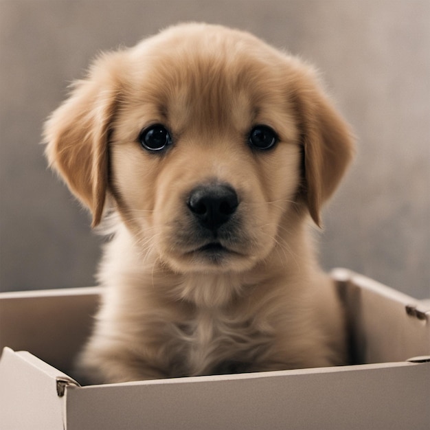 Lindo cachorro sentado dentro de la caja de cartón y luciendo triste