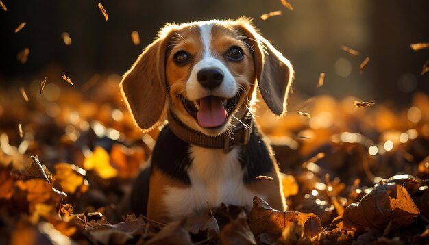 Foto un lindo cachorro sentado en la hierba disfrutando de la luz del sol de otoño generada por la ia