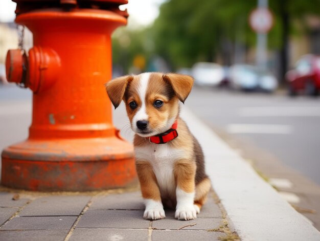 Foto lindo cachorro sentado junto a una boca de incendio