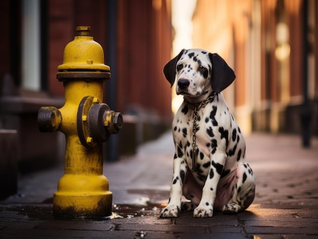 Lindo cachorro sentado junto a una boca de incendio