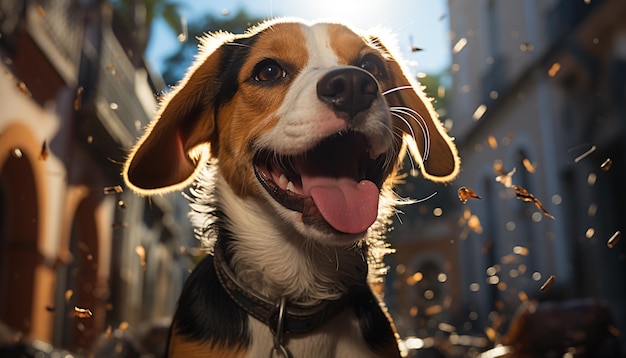 Lindo cachorro sentado mirando la cámara alegre bajo la luz del sol de otoño generada por inteligencia artificial