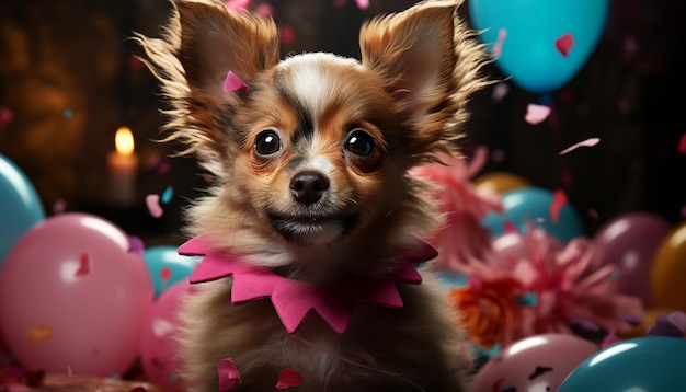 Lindo cachorro sentado mirando a la cámara regalo de celebración de cumpleaños generado por inteligencia artificial