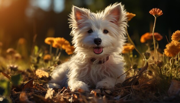 Lindo cachorro sentado en el prado disfrutando de la belleza natural y la luz solar generada por la inteligencia artificial