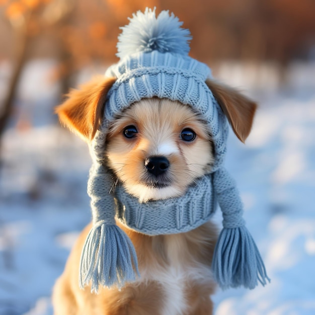 un lindo cachorro con un sombrero y una bufanda de invierno