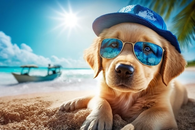 Un lindo cachorro con sombrero y gafas de sol descansa en la costa del mar bajo palmeras generadas por IA