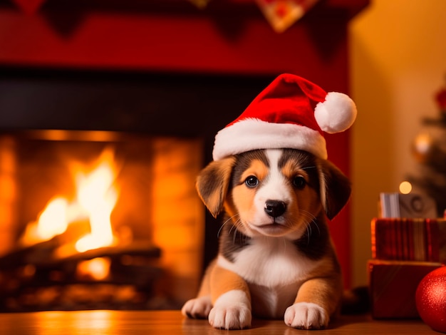 Un lindo cachorro con un sombrero rojo de Año Nuevo cerca de la chimenea atmósfera navideña Decoración de perro y Año Nuevo
