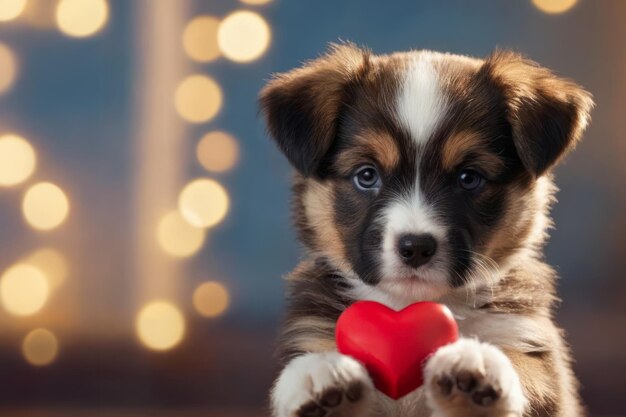 Foto un lindo cachorro sosteniendo un corazón rojo en la pata concepto del día de san valentín