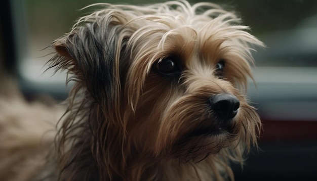 Un lindo cachorro de terrier de pura raza sentado al aire libre mirando a la cámara con el pelo húmedo y esponjoso generado por la inteligencia artificial