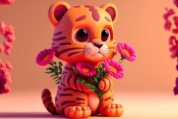 Lindo cachorro de tigre sobre un fondo rosa con flores.