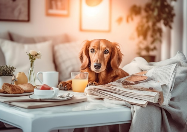 Lindo cachorro tomando café da manhã na cama Generative AI