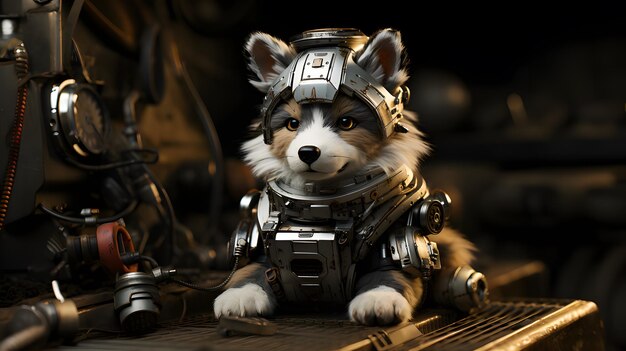 Un lindo cachorro con un traje de robot de fondo IA generativa