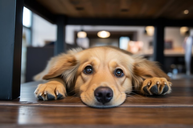 Un lindo cachorro triste solo tendido en el suelo de la casa y esperando al dueño concepto de animal solitario