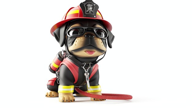 Un lindo cachorro vestido con un uniforme de bomberos completo con un casco, gafas y tanque de aire