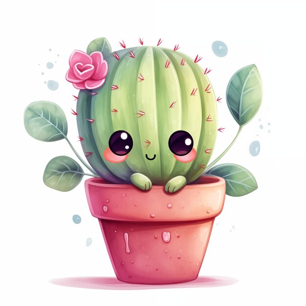 Foto un lindo cactus de dibujos animados con una rosa rosa en la cabeza está sentado en una olla rosa