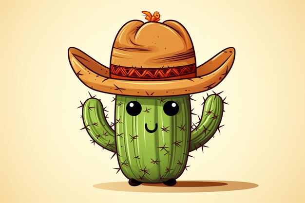 un lindo cactus de dibujos animados en un sombrero mexicano sobre un fondo amarillo