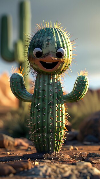 Un lindo cactus sonriendo de pie en el desierto