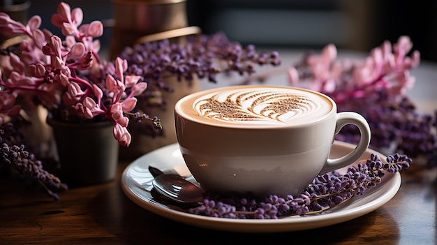 Lindo café com leite baunilha e lavanda em uma mesa de madeira