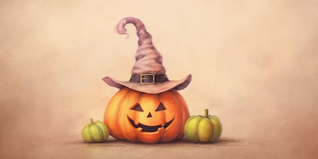 Lindo calabaza en un sombrero de bruja con un lugar para el texto en la técnica de acuarela tema de Halloween generativo