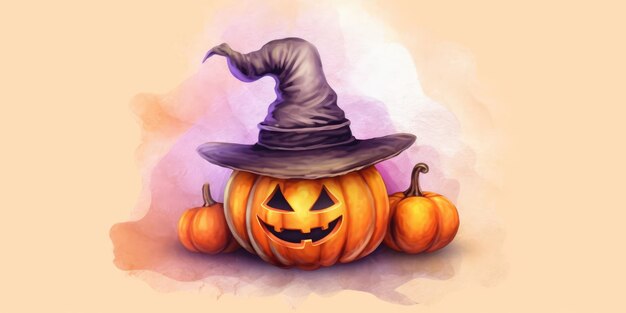 Lindo calabaza en un sombrero de bruja con un lugar para el texto en la técnica de acuarela tema de Halloween generativo