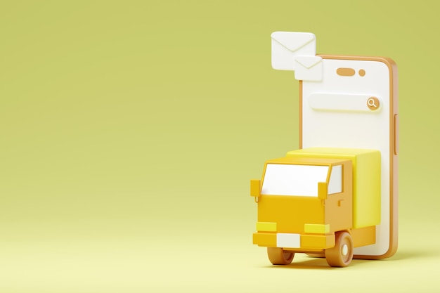 Foto lindo caminhão amarelo e smartphone fundo amarelo 3d render
