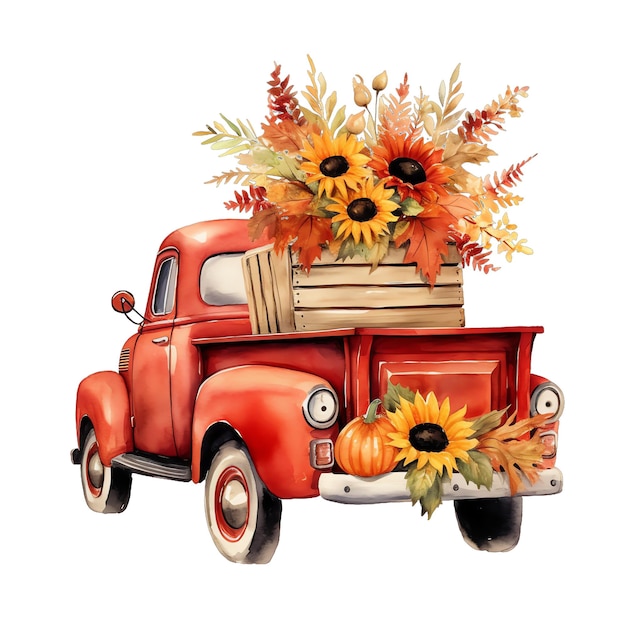 Lindo camión rojo acuarela en otoño con ilustración de girasol