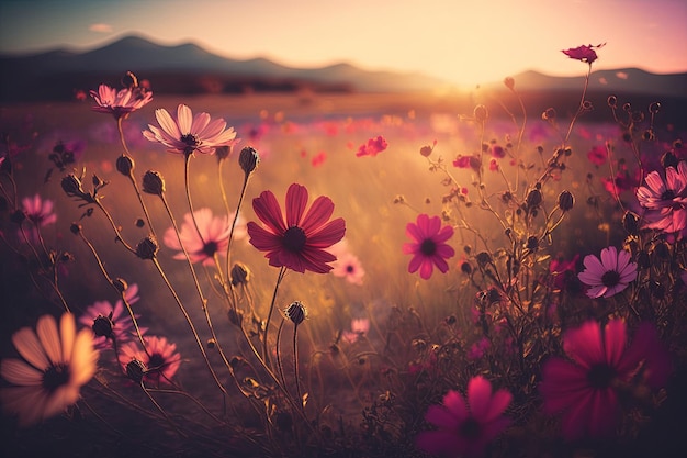 Lindo campo de flores cosmos rosa e vermelho com pôr do sol na tonificação de cor retrô de fundo