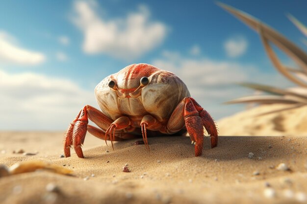 Un lindo cangrejo ermitaño arrastrándose en una playa de arena
