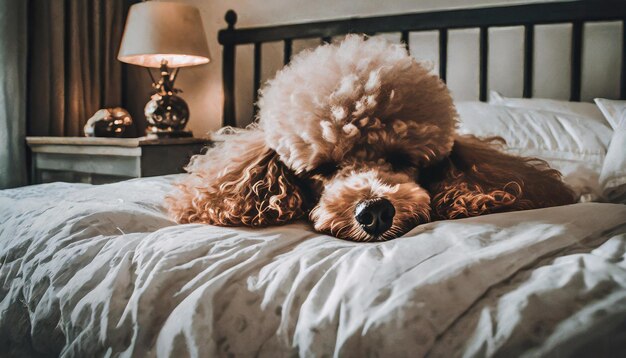 Un lindo caniche rojo acostado en la cama por la mañana.