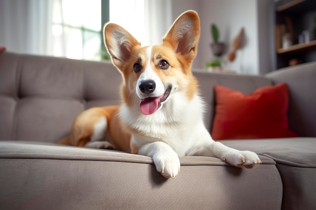 Lindo cão corgi de raça pura calmo e inteligente deitado no sofá na sala de estar Generative AI