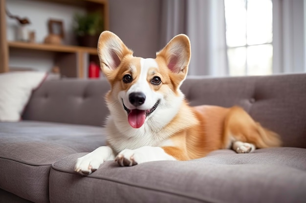 Lindo cão corgi de raça pura calmo e inteligente deitado no sofá na sala de estar Generative AI