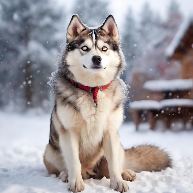 Lindo cão Husky de raça mista na neve do inverno