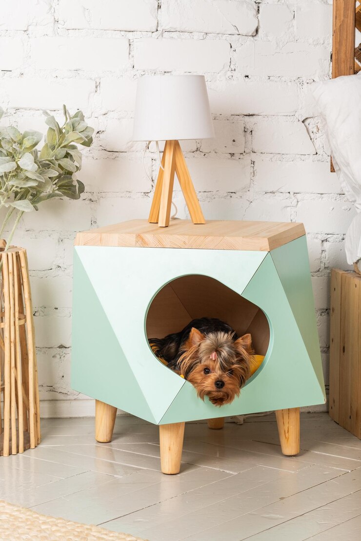 Foto lindo cão yorkshire terrier espreita fora de sua bela casa de animais