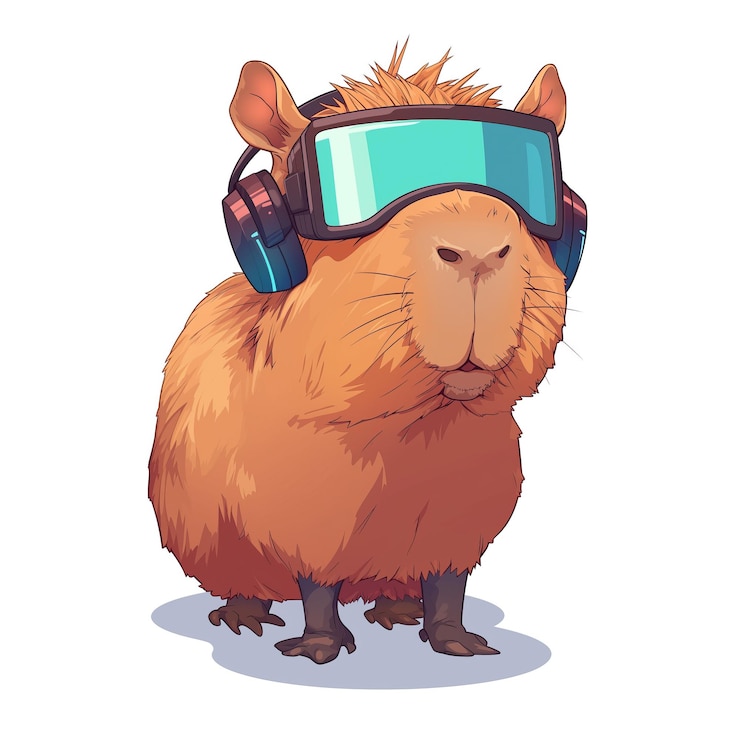 Foto lindo capibara con auriculares con el logotipo 2d en un fondo blanco